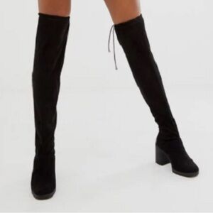 NEW -Forever Hugo-39 Black Faux Suede Drawstring Thigh High Boots - Woman's Sz 8